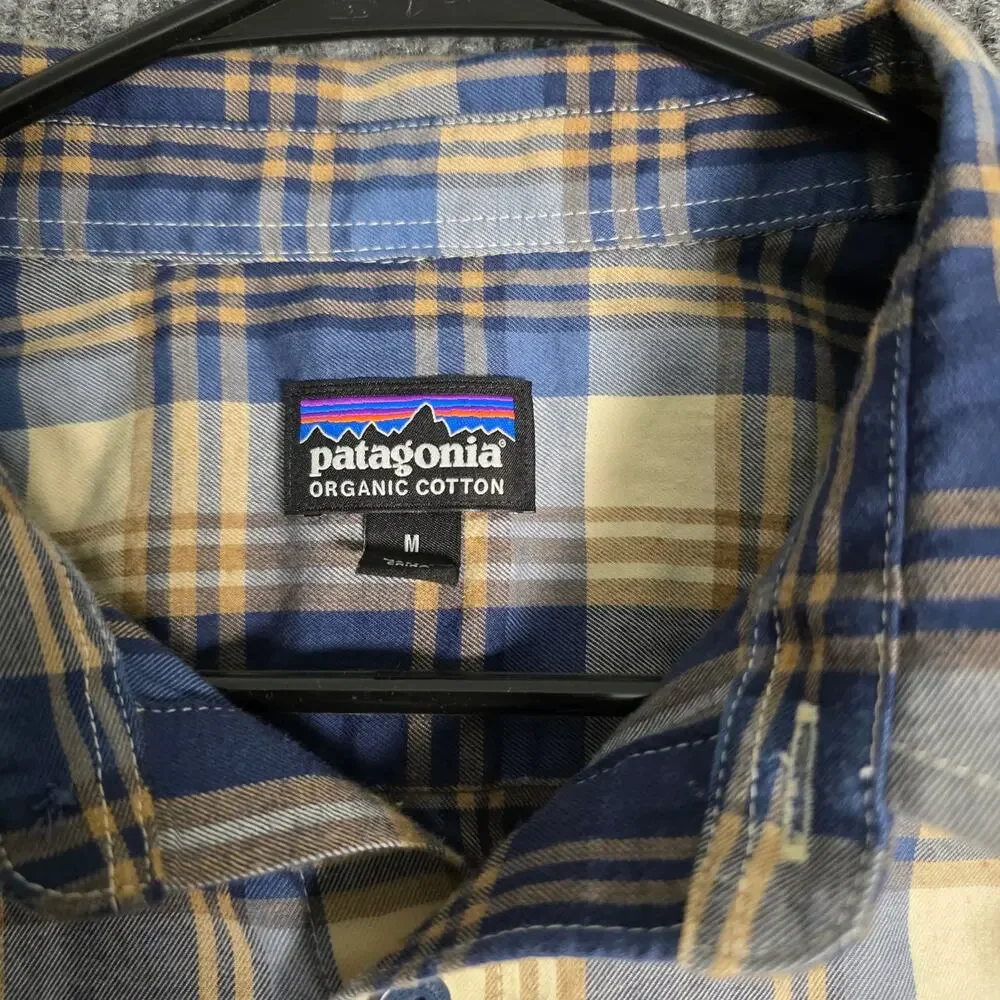 Patagonia Plaid‎ Button Up Shirt Medium Organic Cotton Blue Tan Outdoor Hiking